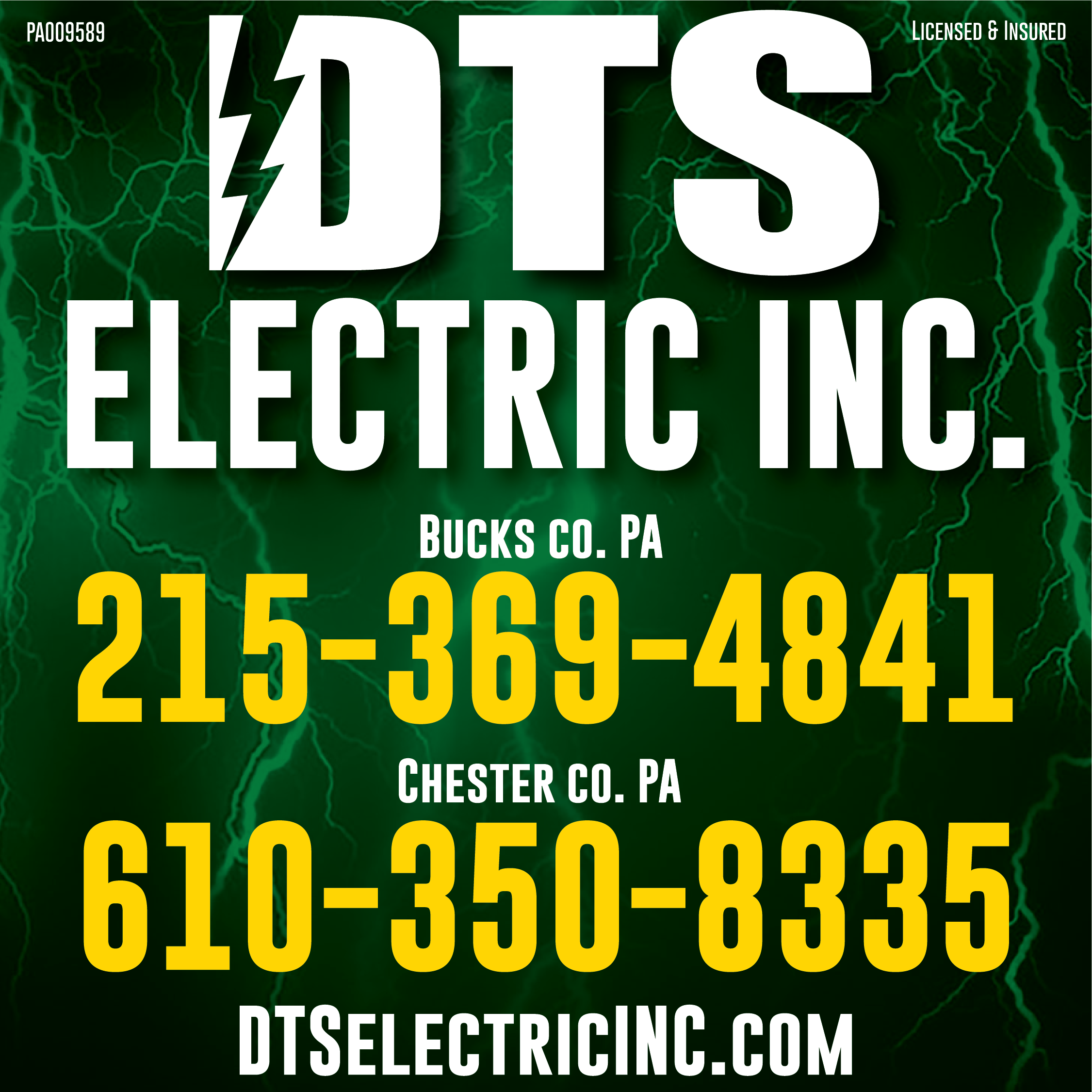 DTS Electric sign with Bucks County and Chester County contact numbers