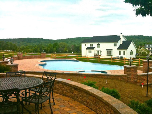 A pool and patio setting.